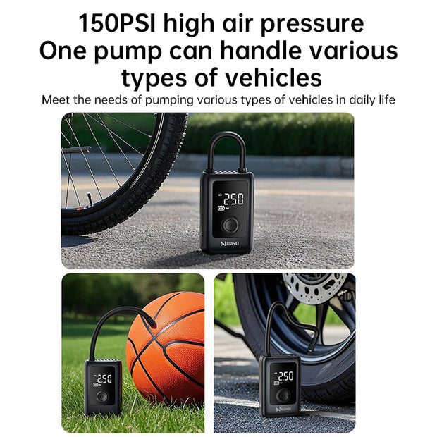 Portable Digital Tire Inflator with LCD Display, 150 PSI Cordless Air Pump for Car, Bike, Motorcycle, and Ball, USB-C Rechargeable with Power Bank - Memoriex