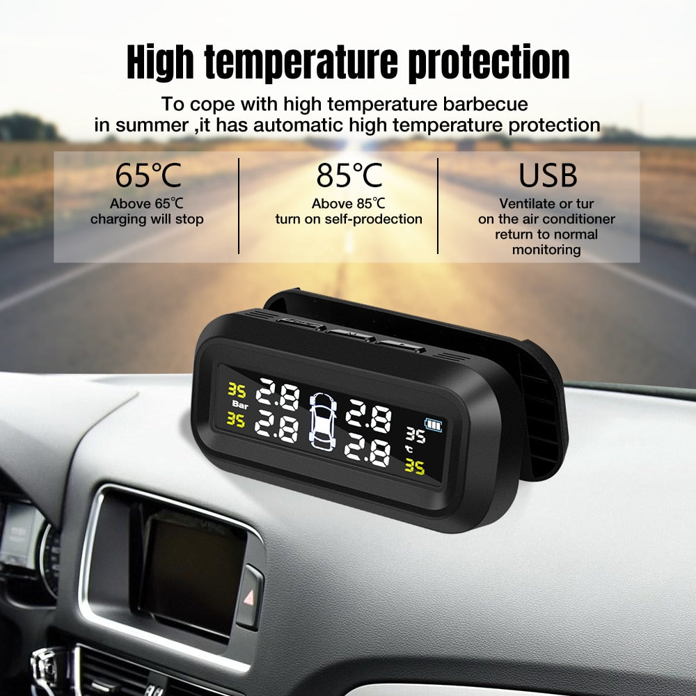 Smart Car TPMS Tire Pressure Monitoring System Solar Power Digital TMPS LCD Display USB Auto Security Alarm Tire Pressure Sensor - Memoriex 