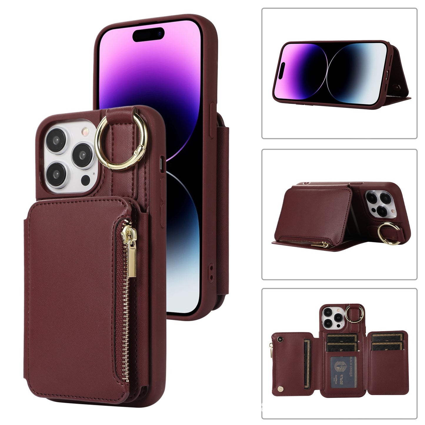 Apple 15 leather phone case iPhone 15 Promax phone protective case hanging rope multi card phone leather case