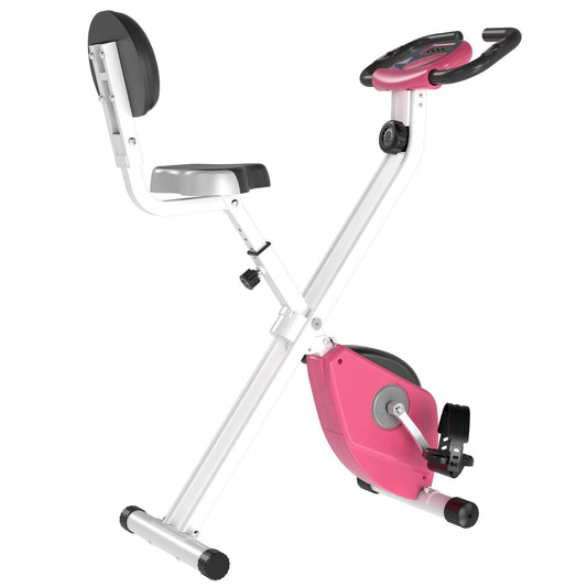 Exercise Bike Fitness Bicycle Indoor trainer Foldable 8-level Magnetic Resistance Adjustable w/LCD Monitor Pulse Sensor, Pink-0