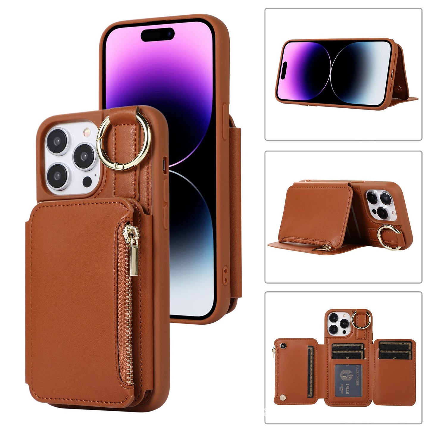 Apple 15 leather phone case iPhone 15 Promax phone protective case hanging rope multi card phone leather case