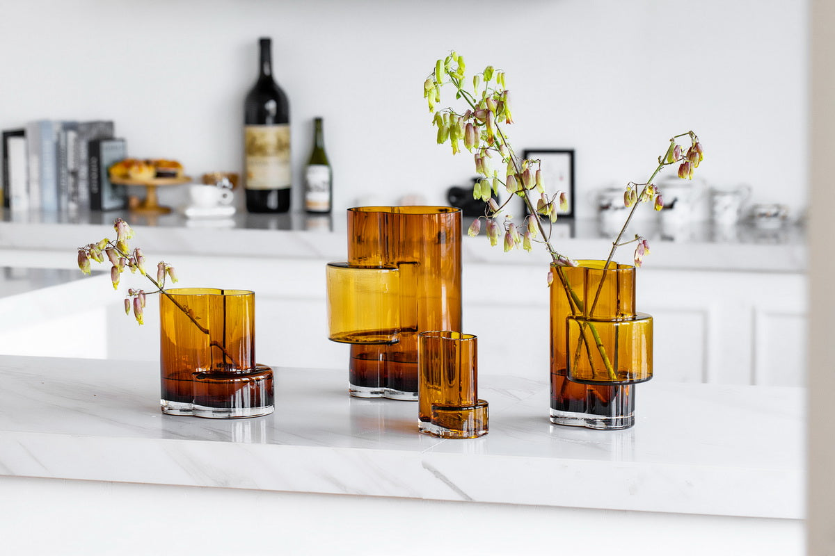 Small glass vase of top innovative design with constructivist touch, FUSIO 15 AMber-2