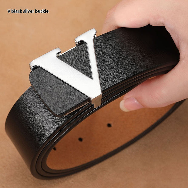 Factory Direct Sales Retro Smooth Genuine Leather Pure Cowhide Letter V Pants Belt - Memoriex 
