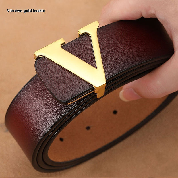 Factory Direct Sales Retro Smooth Genuine Leather Pure Cowhide Letter V Pants Belt - Memoriex 