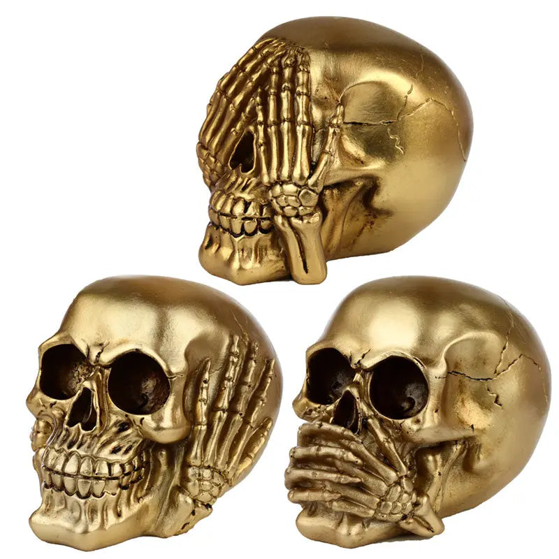 Fantasy See No Hear No Speak No Evil Set of 3 Gold Punk Skull Ornaments SK338-0