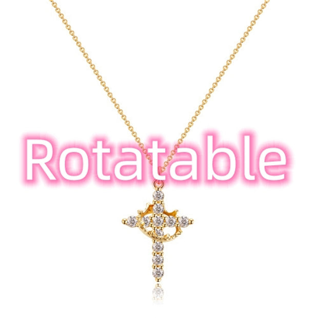 Fashion Jewelry Cross Full Diamond Crown Rotatable Necklace - Memoriex 