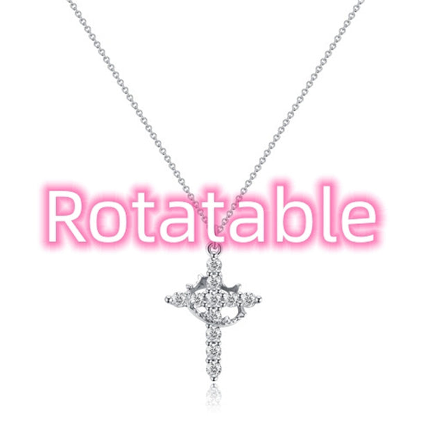 Fashion Jewelry Cross Full Diamond Crown Rotatable Necklace - Memoriex 