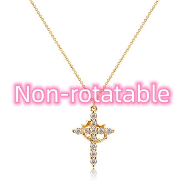 Fashion Jewelry Cross Full Diamond Crown Rotatable Necklace - Memoriex 