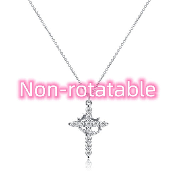 Fashion Jewelry Cross Full Diamond Crown Rotatable Necklace - Memoriex 