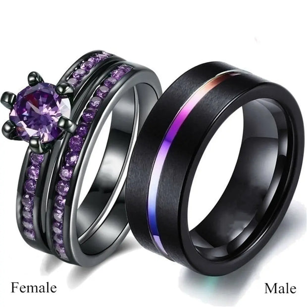 Fashion Jewelry Luxury Dark Purple Zirconia Stainless Steel Couple Ring Engagement Valentine's Day Gift - Memoriex 