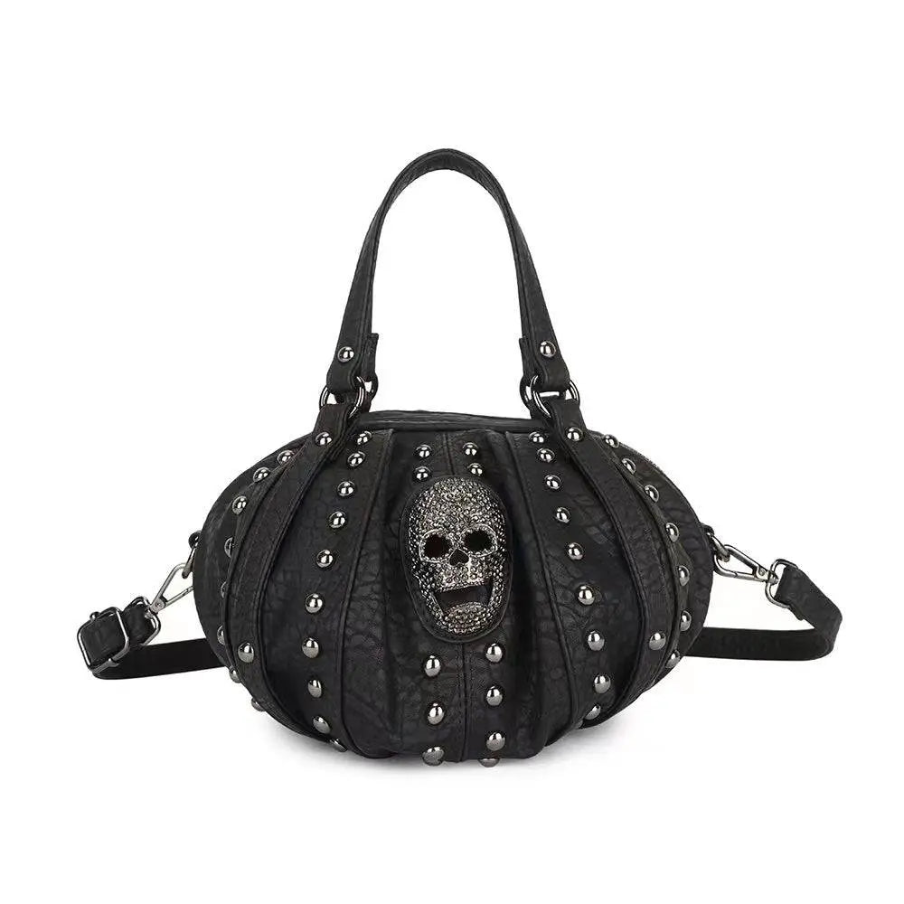 Fashion Punk Bags Dimond Skull Studded Oval Hobo Bucket Handbag-0