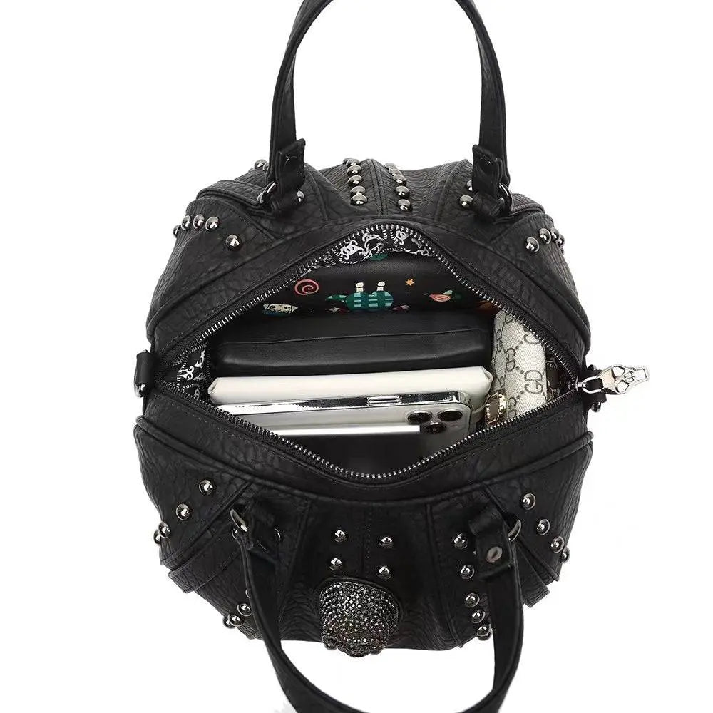 Fashion Punk Bags Dimond Skull Studded Oval Hobo Bucket Handbag-3