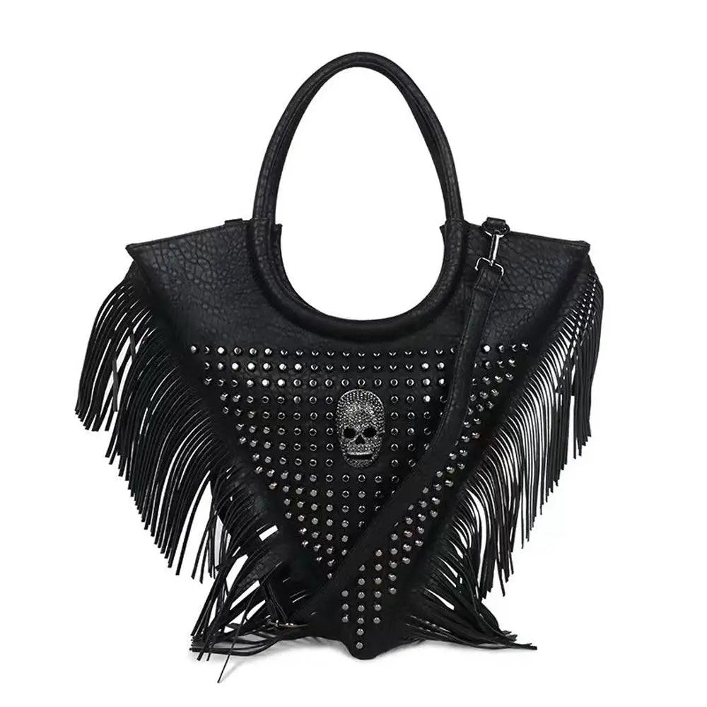 Fashion Punk Bags Women Skull Tote Bag Rivet Studded Trangle Bag Fringe Tote Bag Large-0