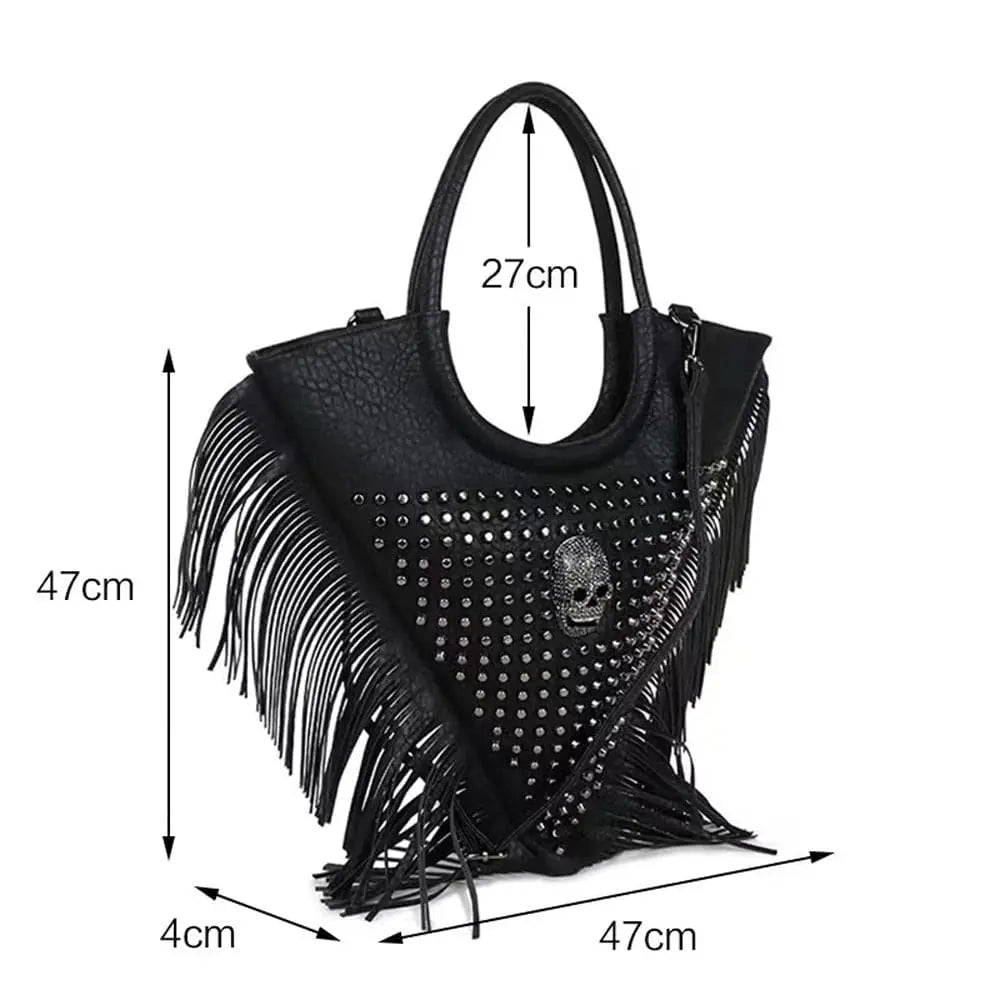 Fashion Punk Bags Women Skull Tote Bag Rivet Studded Trangle Bag Fringe Tote Bag Large-4