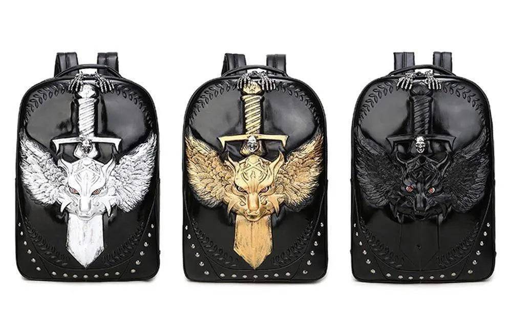 Fashion Punk Rivets Backpack 3D Wing Wolf - Warrior Cartoon Backpack Knapsacks-0