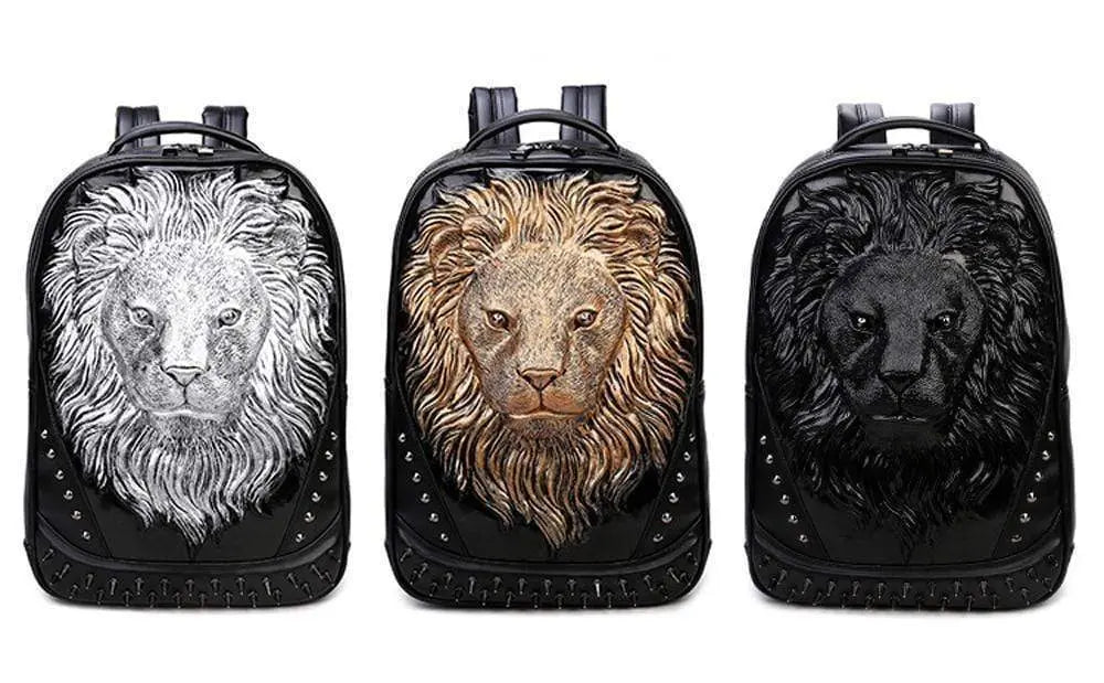 Fashion Punk Rivets Waterproof 3D Lion Head Backpack Laptop Computer Knapsack Bags-0