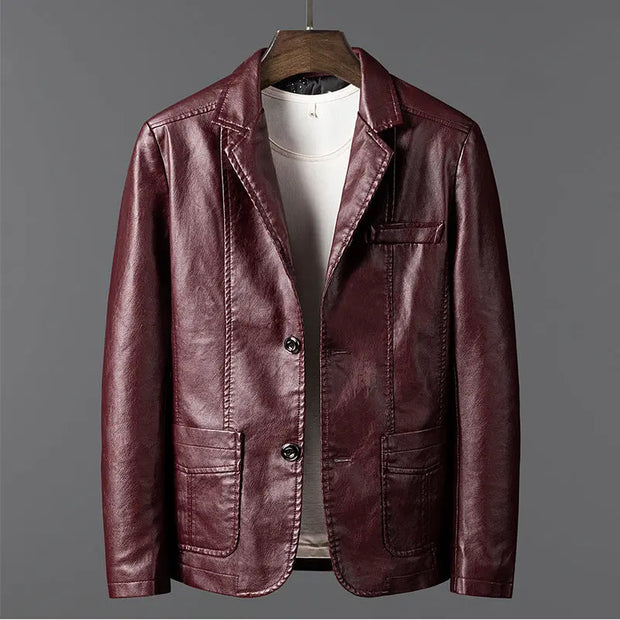 Fashion business casual suit collar men's leather jacket PU motorcycle slim fit leather jacket men's clothing - Memoriex 