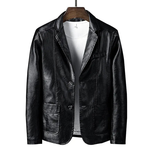 Fashion business casual suit collar men's leather jacket PU motorcycle slim fit leather jacket men's clothing - Memoriex 