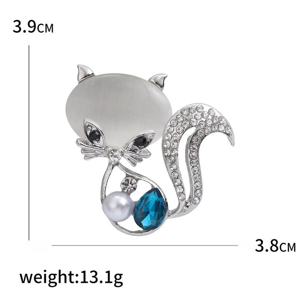 Fashionable and exquisite cat's eye stone animal brooch, new popular European and American diamond inlaid fox brooch - Memoriex 