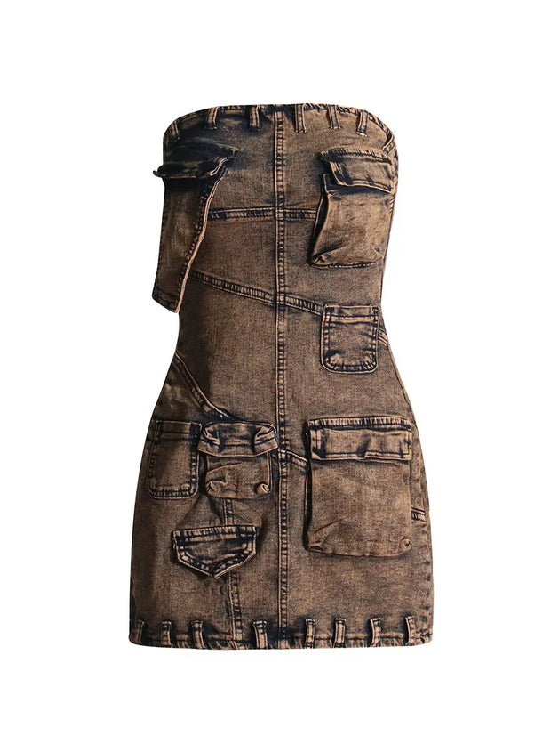Fashionable workwear style denim strapless skirt, new patchwork pocket design, slim fit and slimming short dress for women - Memoriex 