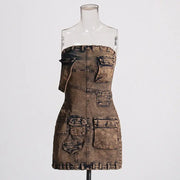 Fashionable workwear style denim strapless skirt, new patchwork pocket design, slim fit and slimming short dress for women - Memoriex 