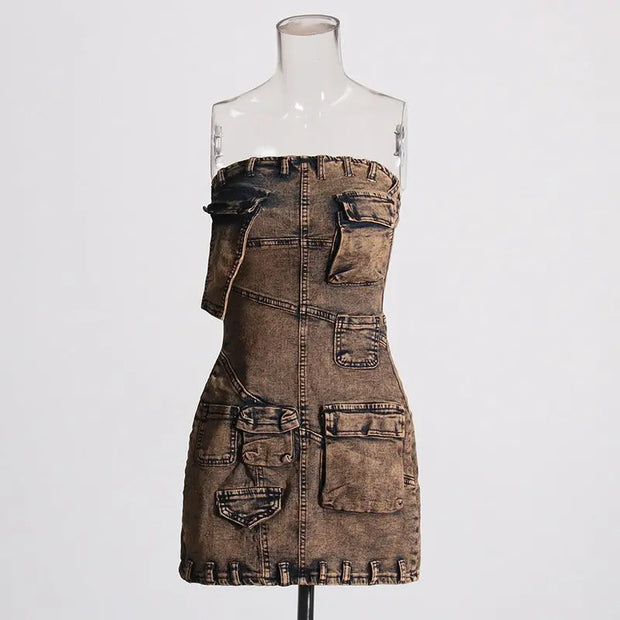 Fashionable workwear style denim strapless skirt, new patchwork pocket design, slim fit and slimming short dress for women - Memoriex 