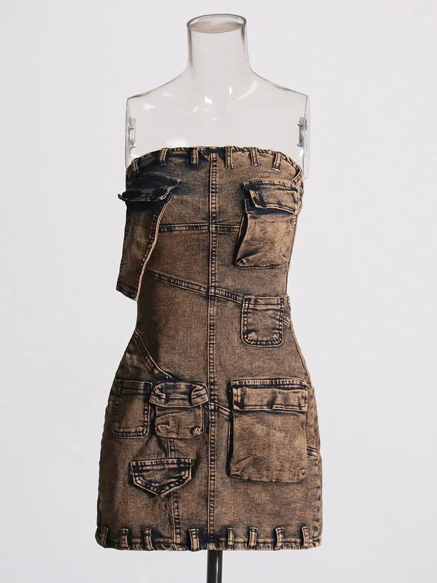 Fashionable workwear style denim strapless skirt, new patchwork pocket design, slim fit and slimming short dress for women - Memoriex 