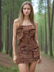 Fashionable workwear style denim strapless skirt, new patchwork pocket design, slim fit and slimming short dress for women - Memoriex 