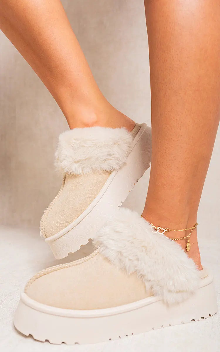 Faux Fur Trim Whisp Chunky Platform Slippers-0