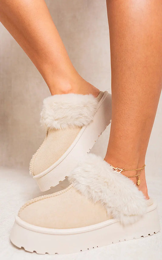 Faux Fur Trim Whisp Chunky Platform Slippers-0