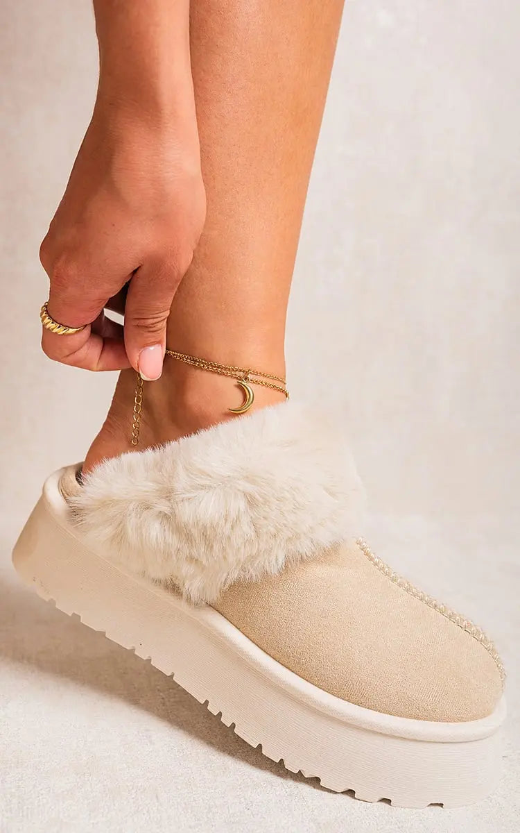 Faux Fur Trim Whisp Chunky Platform Slippers-2