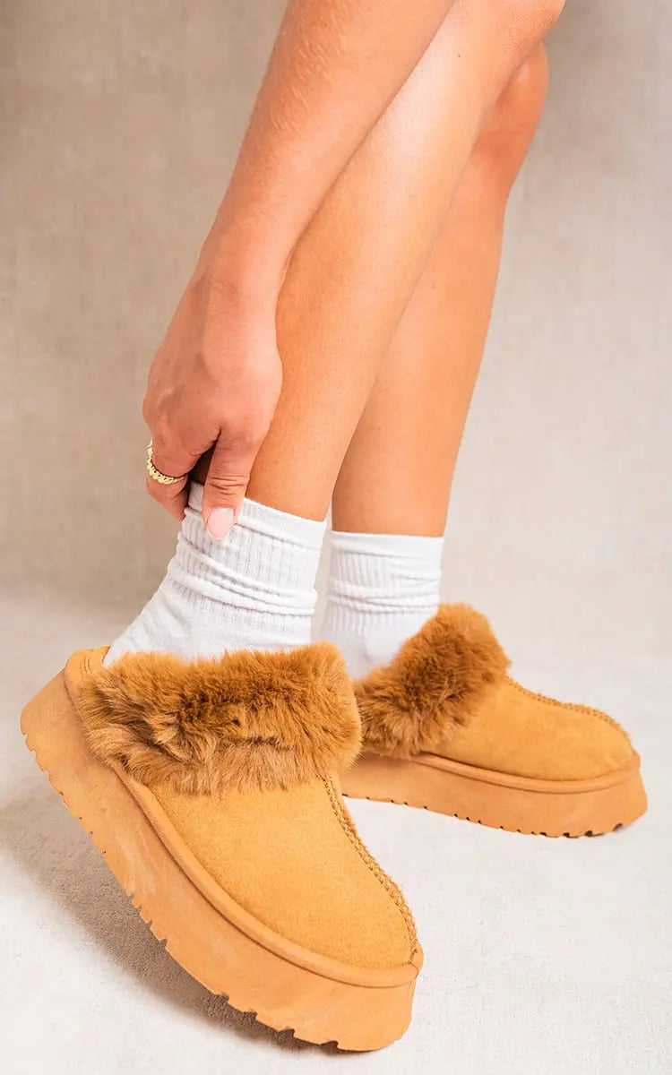 Faux Fur Trim Whisp Chunky Platform Slippers-5