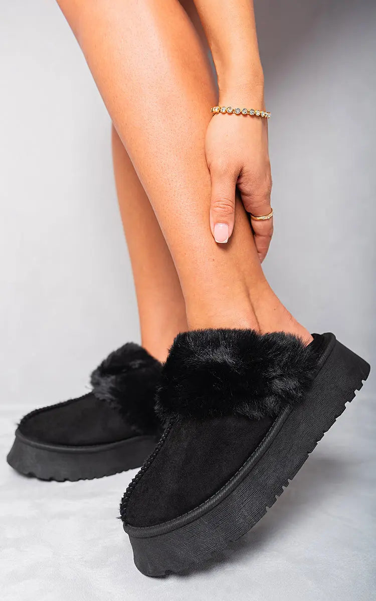 Faux Fur Trim Whisp Chunky Platform Slippers-7