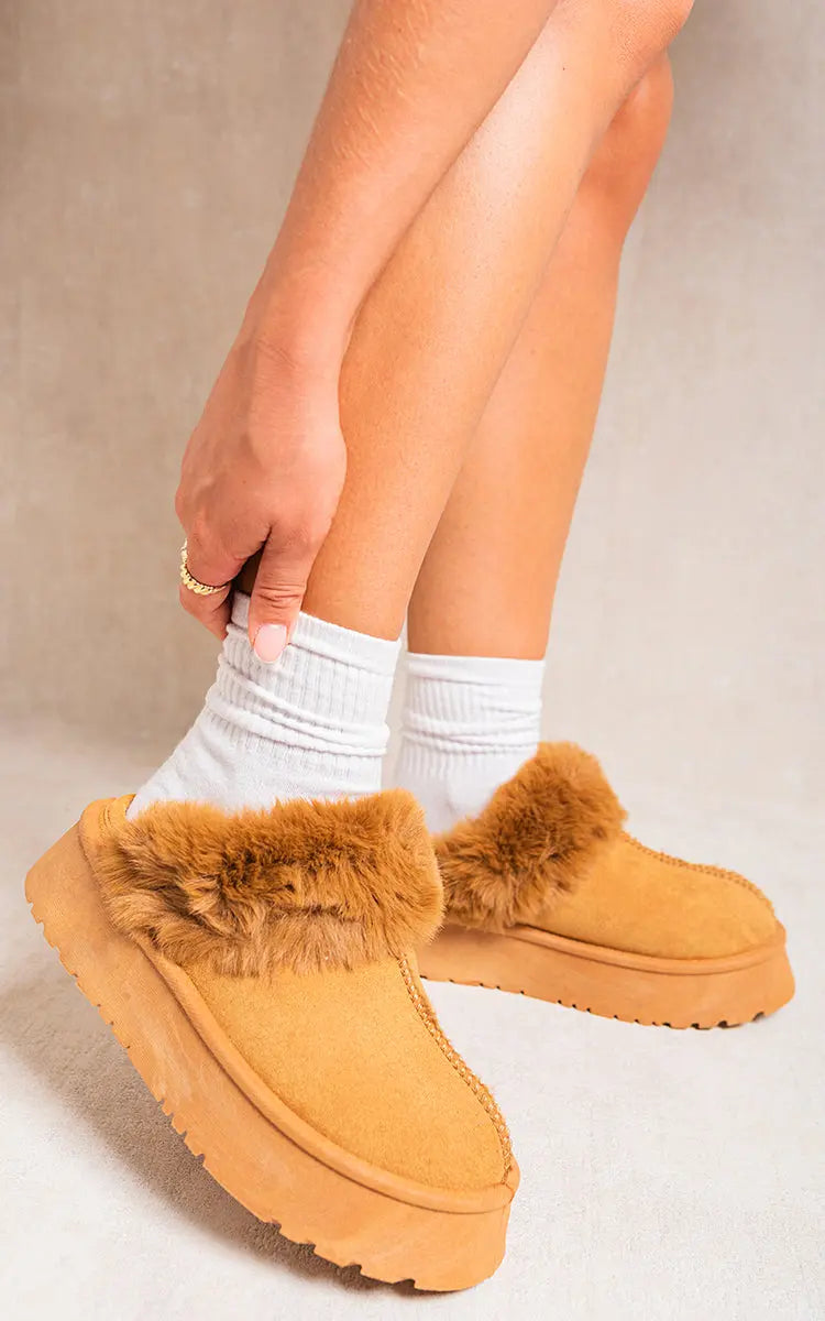 Faux Fur Trim Whisp Chunky Platform Slippers-9