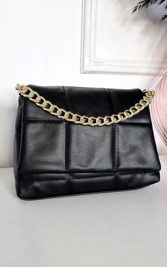 Faux Leather Padded Handbag with Chain Detail - Memoriex 