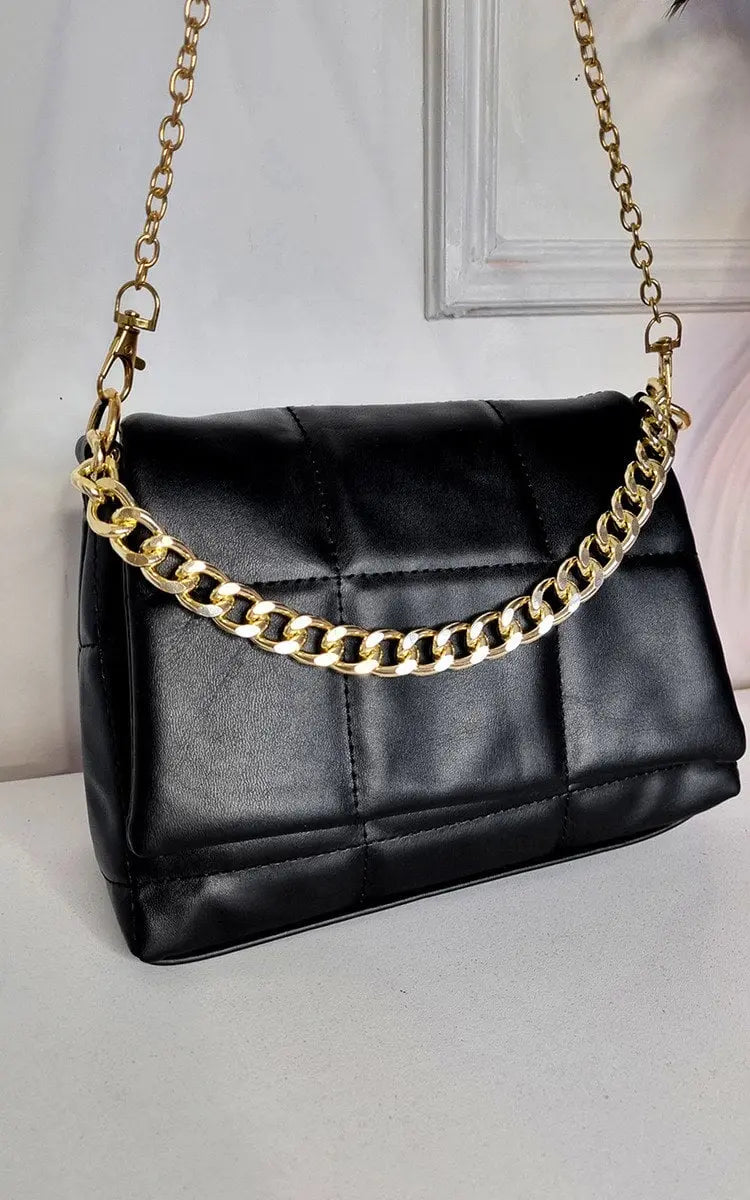 Faux Leather Padded Handbag with Chain Detail - Memoriex 