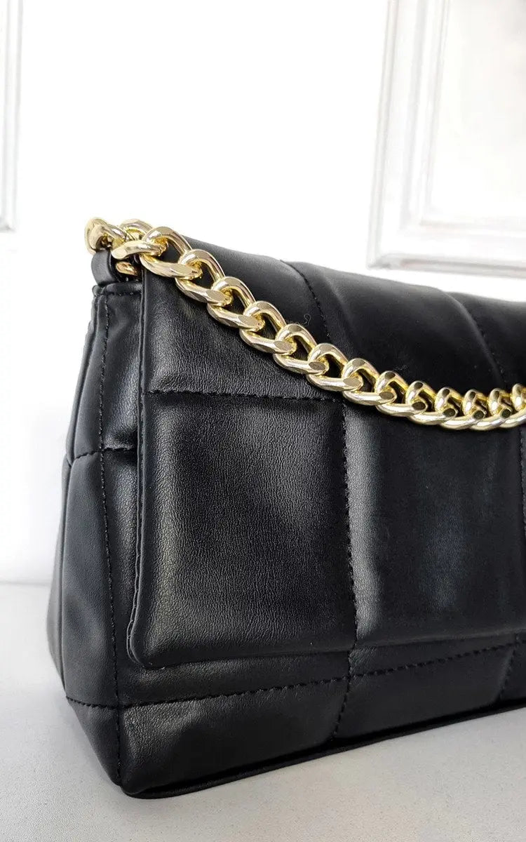 Faux Leather Padded Handbag with Chain Detail - Memoriex 