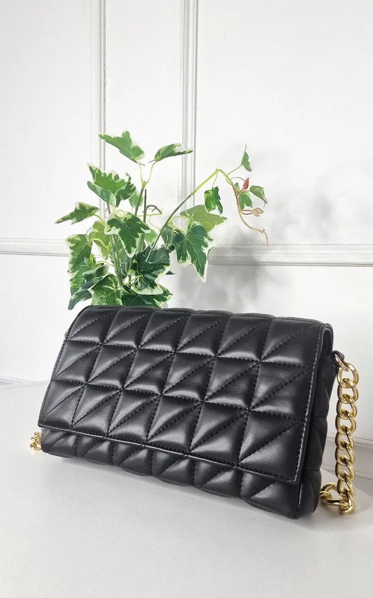 Faux Leather Padded Handbag with Chain Detail-2