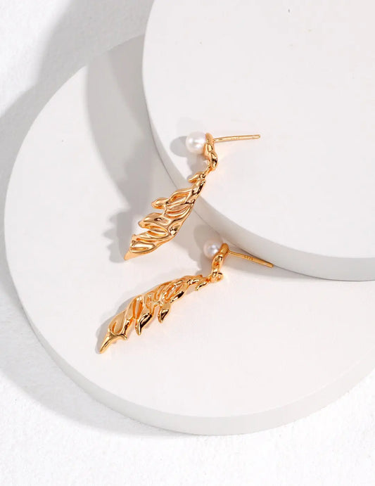 Feather Shaped Freshwater Pearl Earrings-0