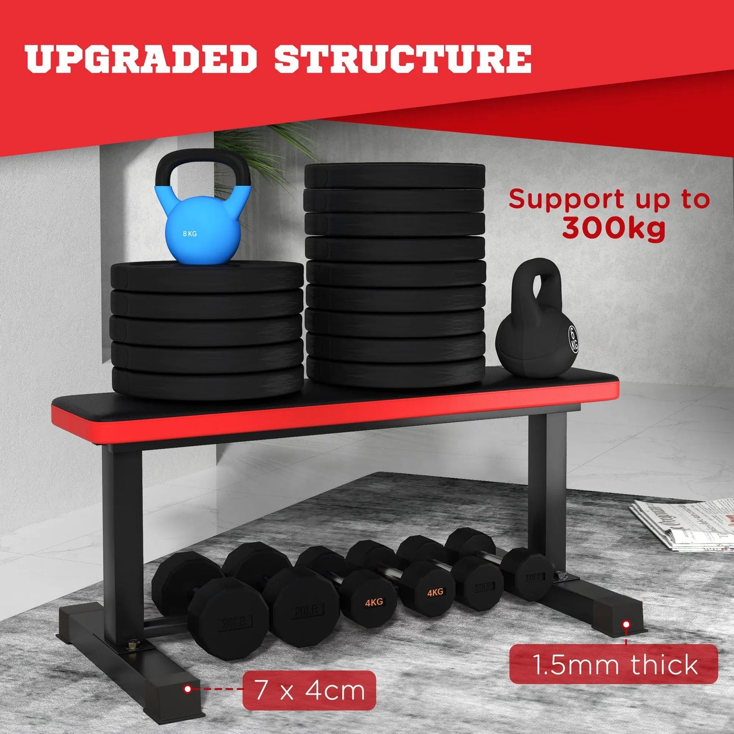 Flat Weight Bench, 300KG Weight Capacity Workout Bench with Dumbbell Rack-3