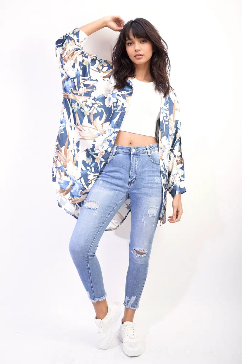 Floral Print Button Down Long Sleeve Oversized Top-2