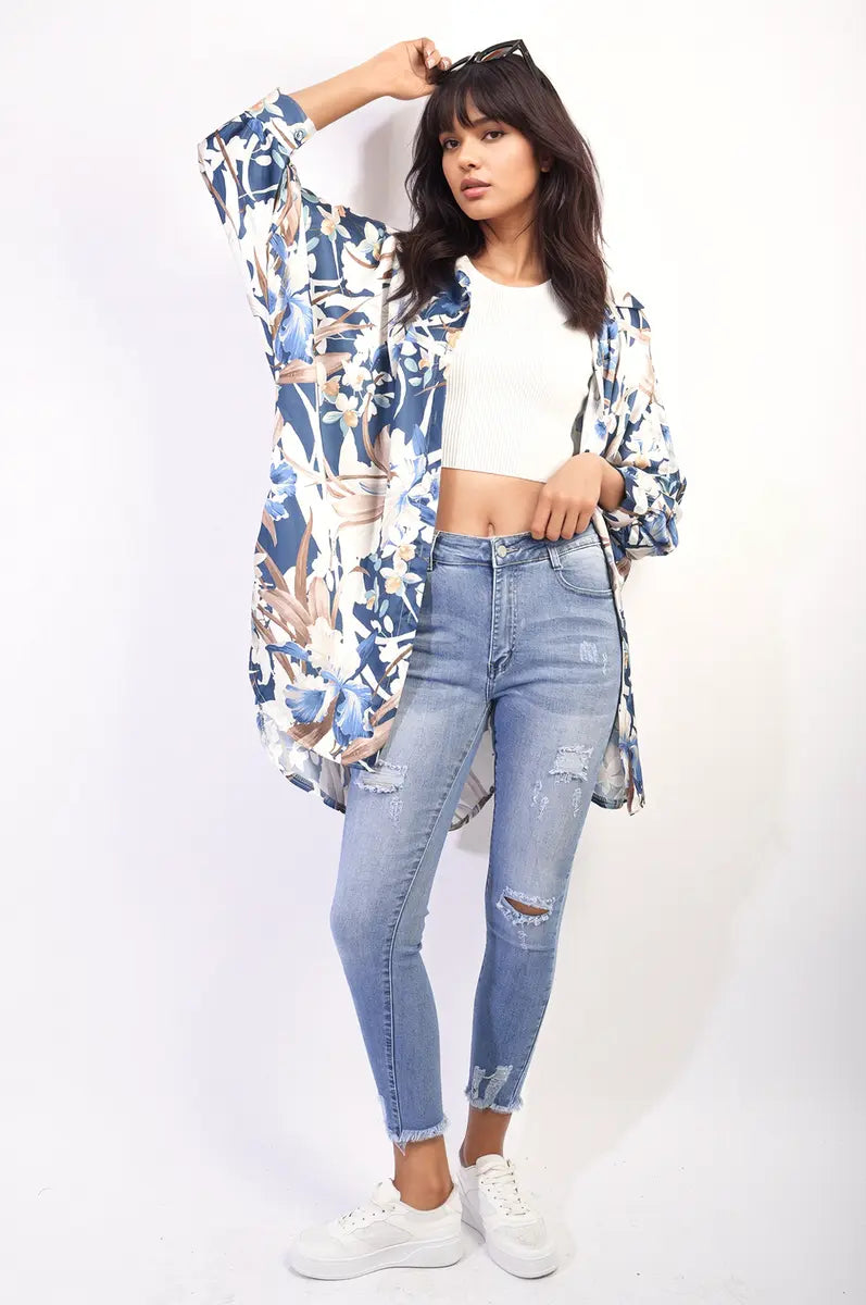 Floral Print Button Down Long Sleeve Oversized Top-13