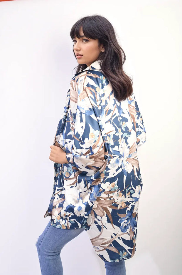 Floral Print Button Down Long Sleeve Oversized Top-1