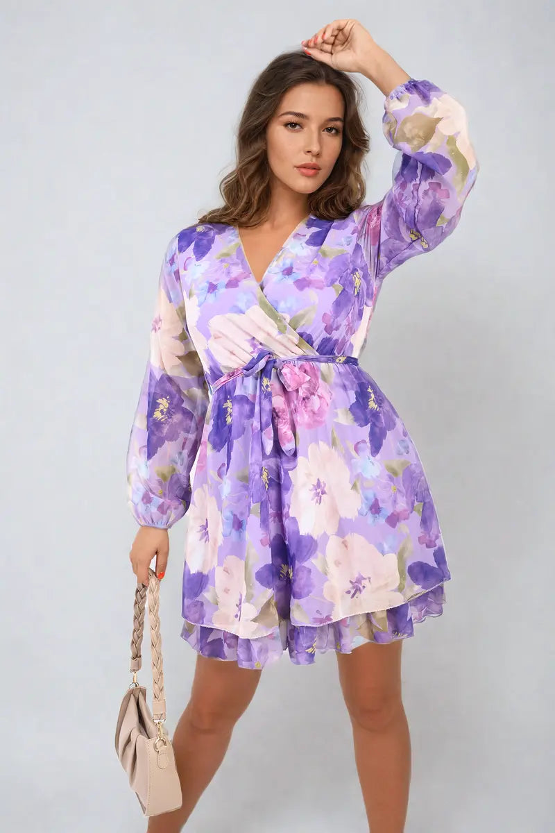 Floral Tie Front Tiered Mini Dress - Memoriex 