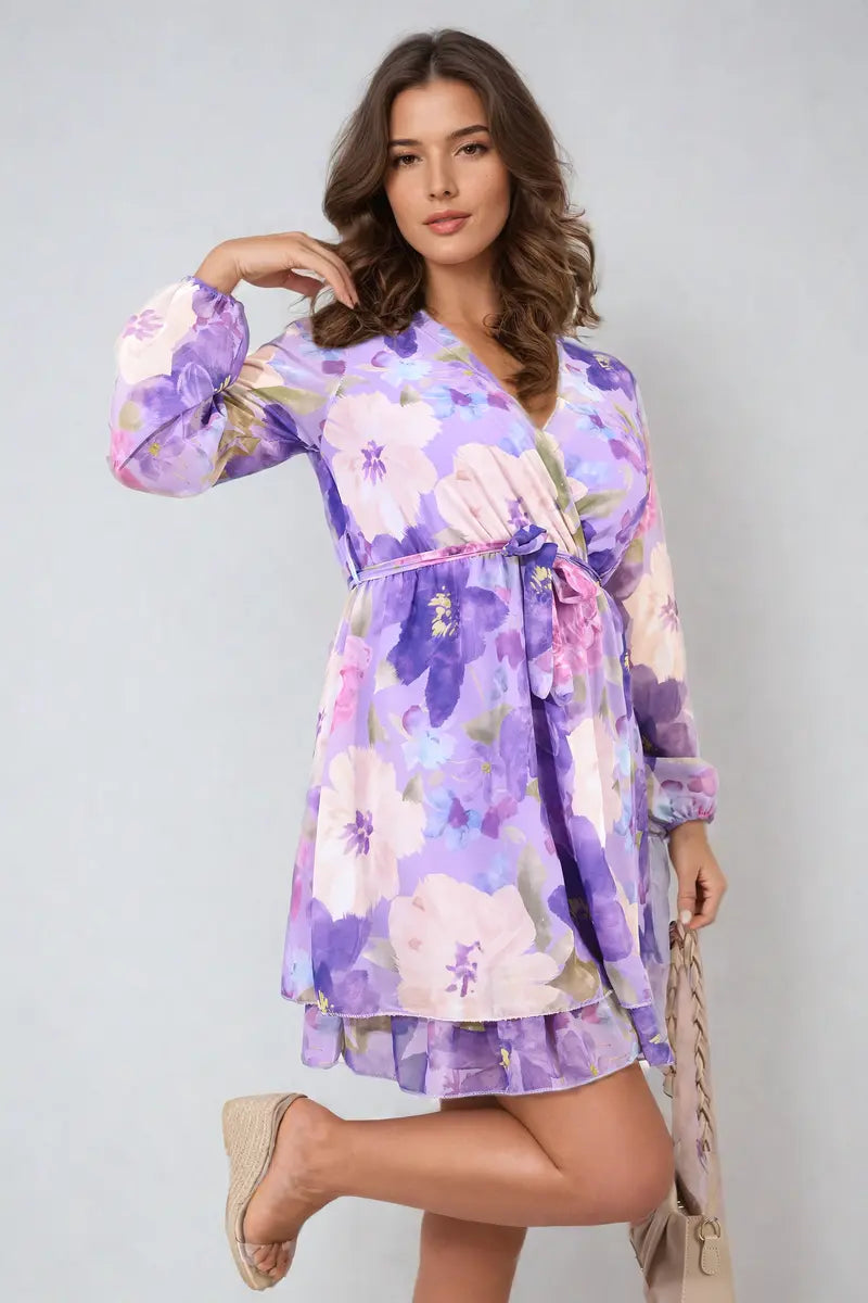 Floral Tie Front Tiered Mini Dress - Memoriex 