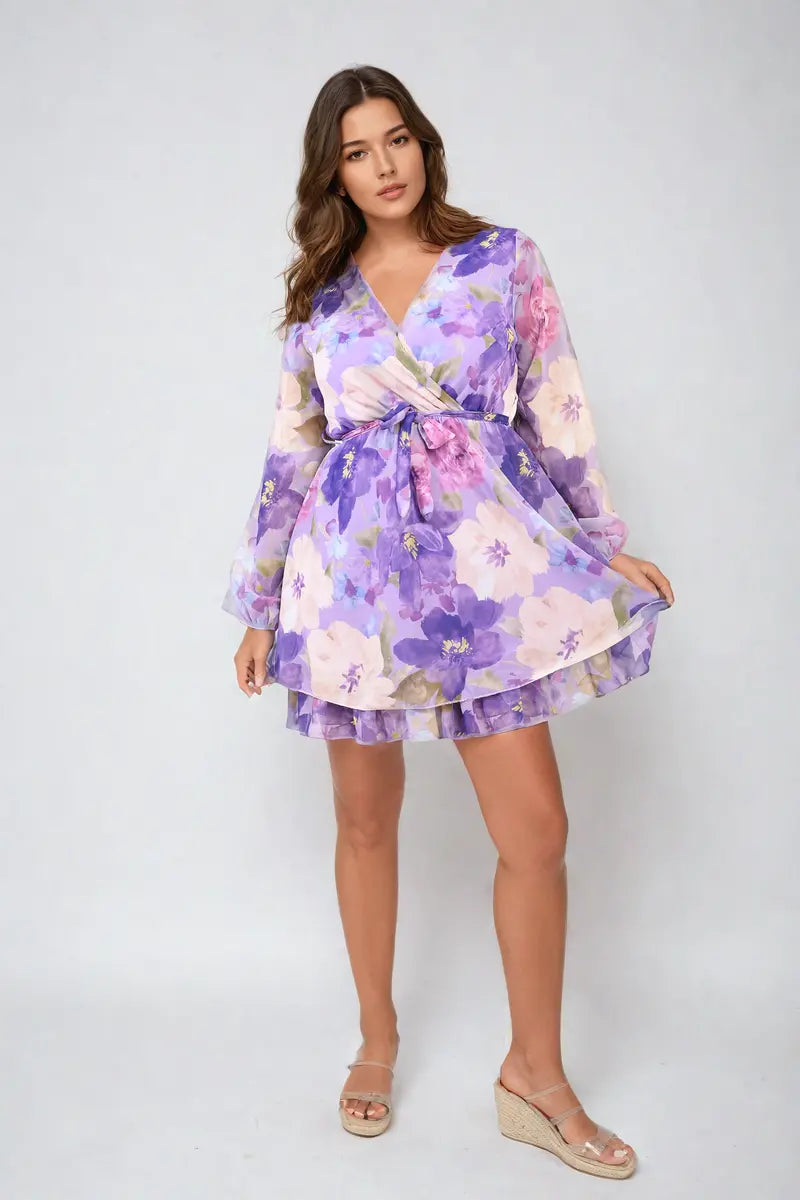 Floral Tie Front Tiered Mini Dress - Memoriex 