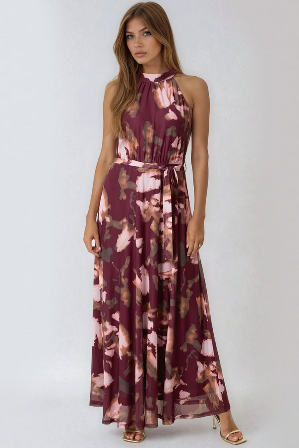 Wine Floral Halterneck Belted Maxi Dress-0