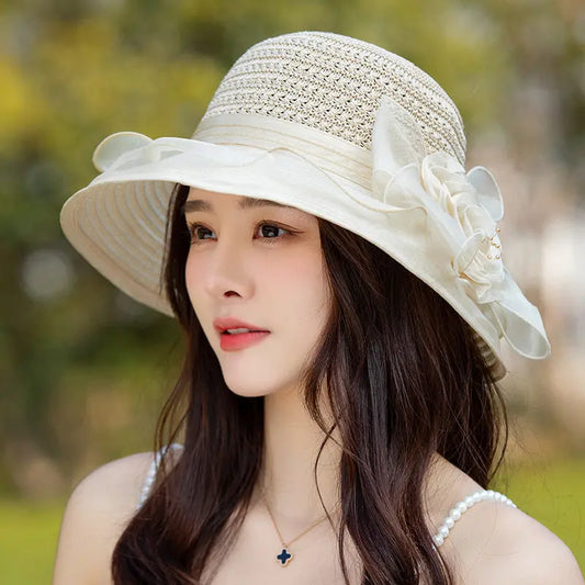 Flower Organza Sun Hat Women Summer Sunscreen Sun Hat Hole Hollow Top Stitching Light And Breathable Basin Hat - Memoriex 