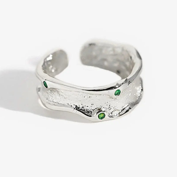 Foxanry 925 Stamp Rings New Fashion Elegant Vintage Creative Irregular Texture Green Zircon Party Jewelry for Women - Memoriex 