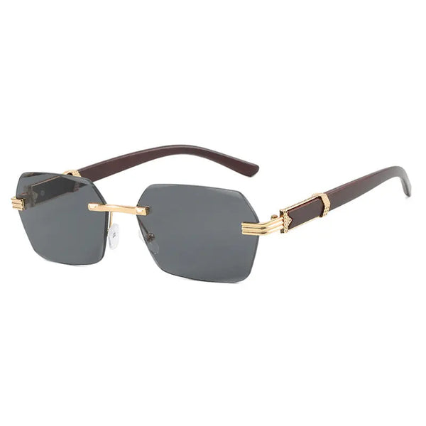 Frameless cut edge sunglasses, small frame wood grain leg sunglasses, irregular square trendy sunglasses, concave design - Memoriex 
